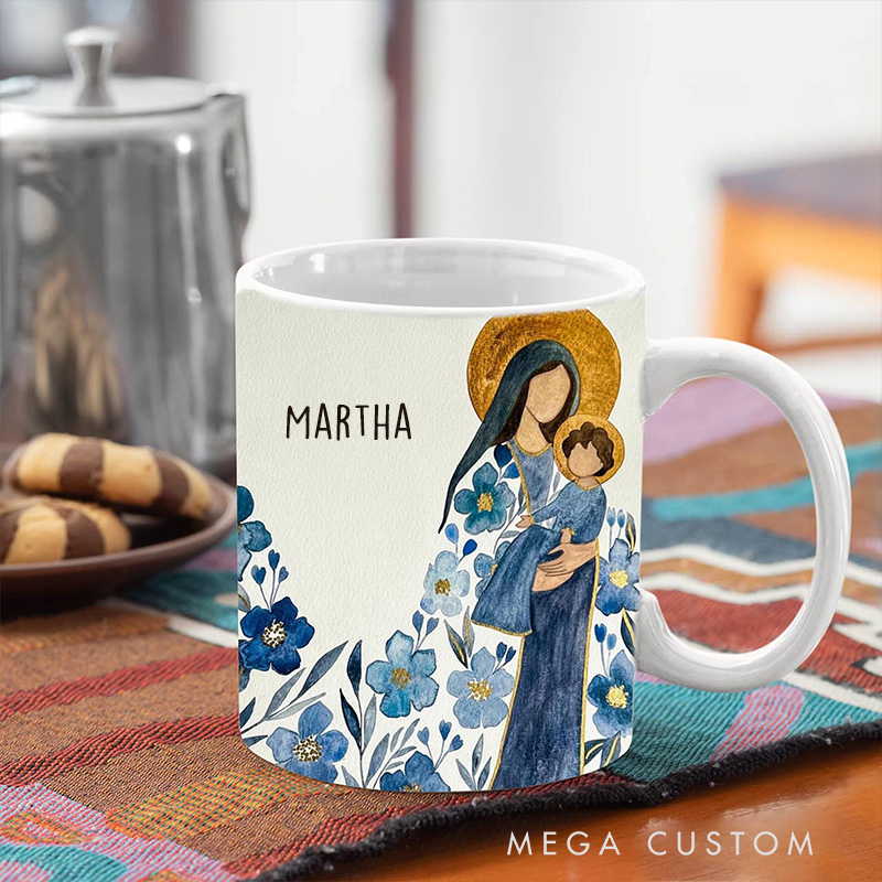 Personalized Virgin Mary 11oz 15oz Ceramic Mug with Name Mother Mary Coffee Cup Catholic Gift for Mom Mother's Day Christian Gift for Faithful Women