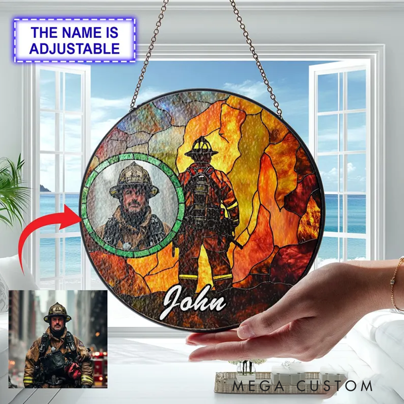 Personalized Firefighter Photo Stained Glass Suncatcher for Firefighter Medical Suncatcher Gift