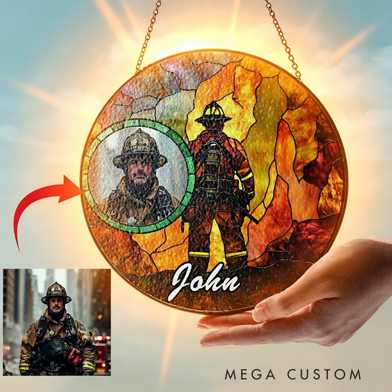 Personalized Firefighter Photo Stained Glass Suncatcher for Firefighter Medical Suncatcher Gift