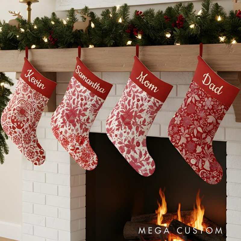 Personalized Red Toile Christmas Stockings Custom Vintage Toile De Jouy Santa Claus Name Stockings Holiday Mantel Decor