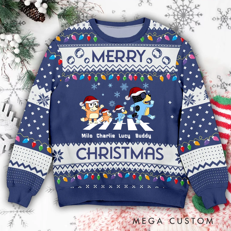 Personalized Name Ugly Sweater Cartoon Dog Family With Santa Hats Merry Christmas Holiday Sign