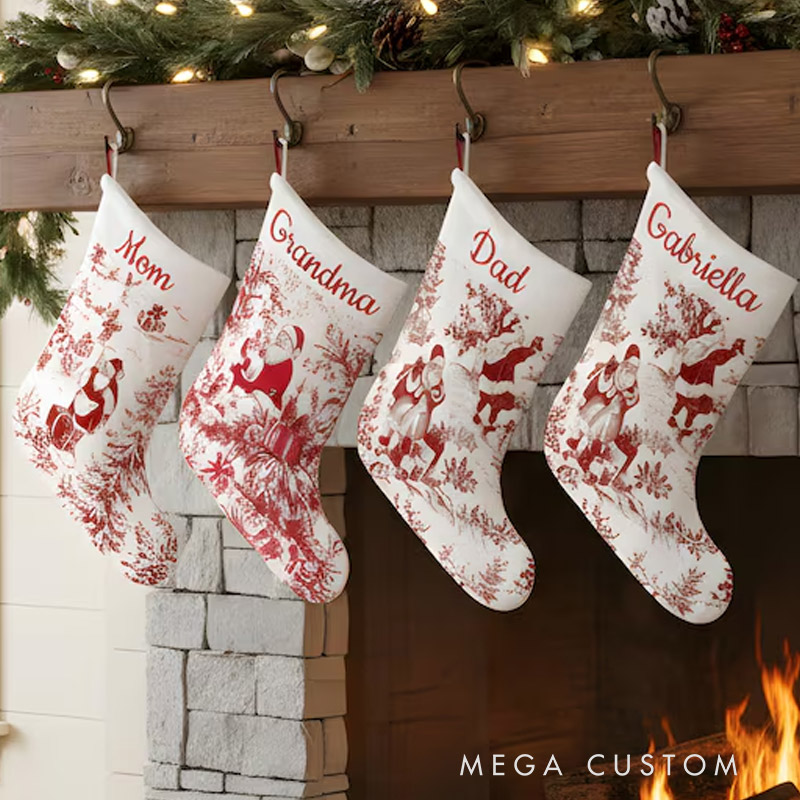 Personalized Red Toile Santa Family Christmas Stockings Custom Toile De Jouy Name Stockings Classic Christmas Decor 