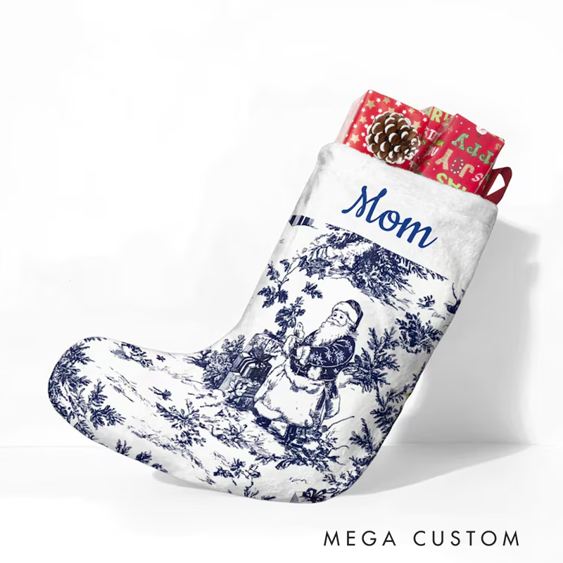 Personalized Blue Toile Christmas Stocking Custom Vintage Toile De Jouy Name Stockings Holiday Decor Gift