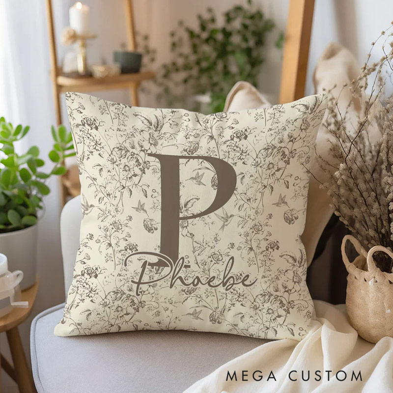 Personalized Pillow Cover with Floral Toile de Jouy Pattern Initial and Name Home Decoration Christmas Birthday Gift for Women