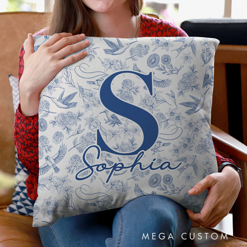 Personalized Pillow Cover Custom Toile De Jouy Floral Initial Name Home Decoration Christmas Birthday Gift for Women