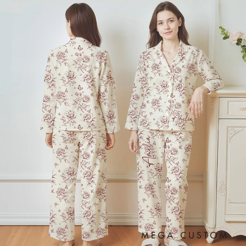 Personalized Rustic Flower Toile De Jouy Ladies Pajamas Set with Name Daily Use Birthday Gift for Women Mother's Day Gift