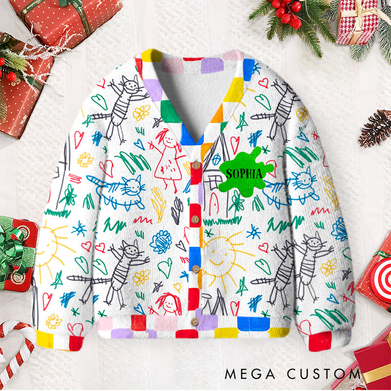 Personalized Colorful Doodle Cardigan with Custom Name Patch and Playful Childlike Illustrations Perfect for Creative Expression Cardigan Sweater