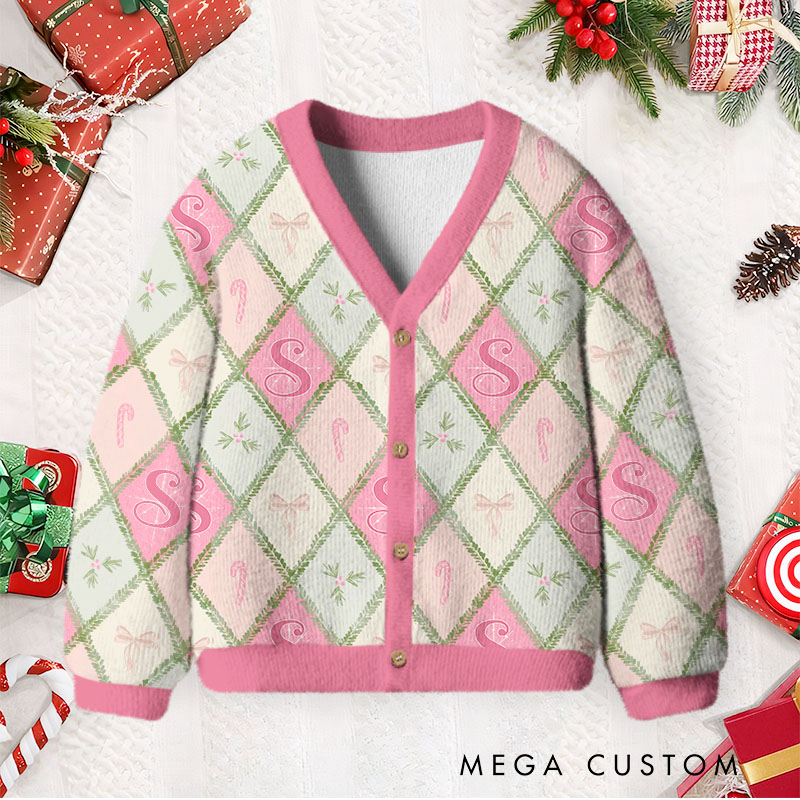 Personalized Argyle Pattern Cardigan with Custom Initials and Festive Holiday Accents Perfect for Stylish Seasonal Wear Cardigan Sweater