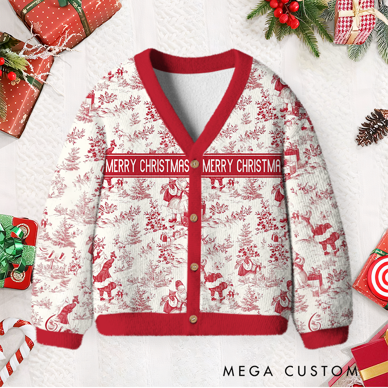 Personalized Toile De Jouy Style Santa Claus Kids Christmas Cardigan Sweater