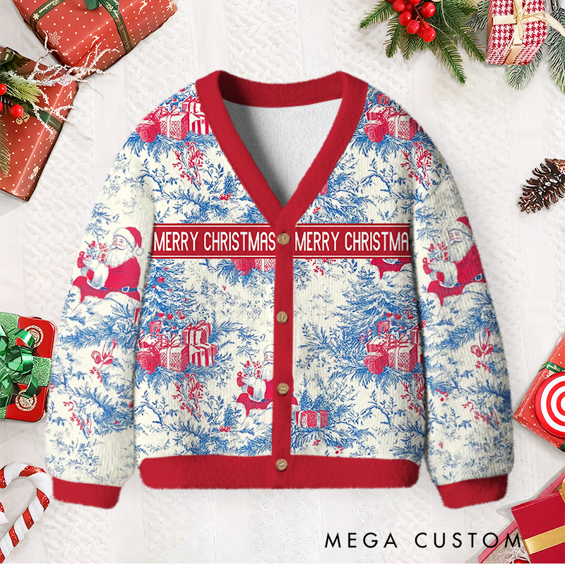 Personalized Toile De Jouy Style Santa Claus Kids Christmas Cardigan Sweater Christmas Gift