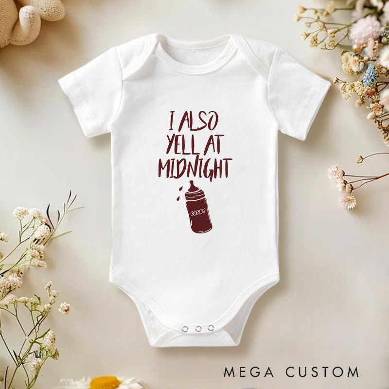 Personalized I Also Yell at Midnight Funny and Playful Baby Bottle Baby Onesie