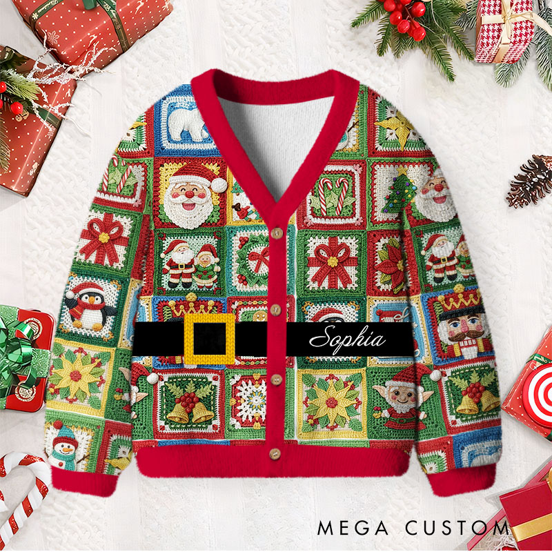 Personalized Festive Flat Printing Cardigan with Custom Name Belt and Colorful Holiday Motifs Perfect for Cheerful Celebrations Cardigan Sweater