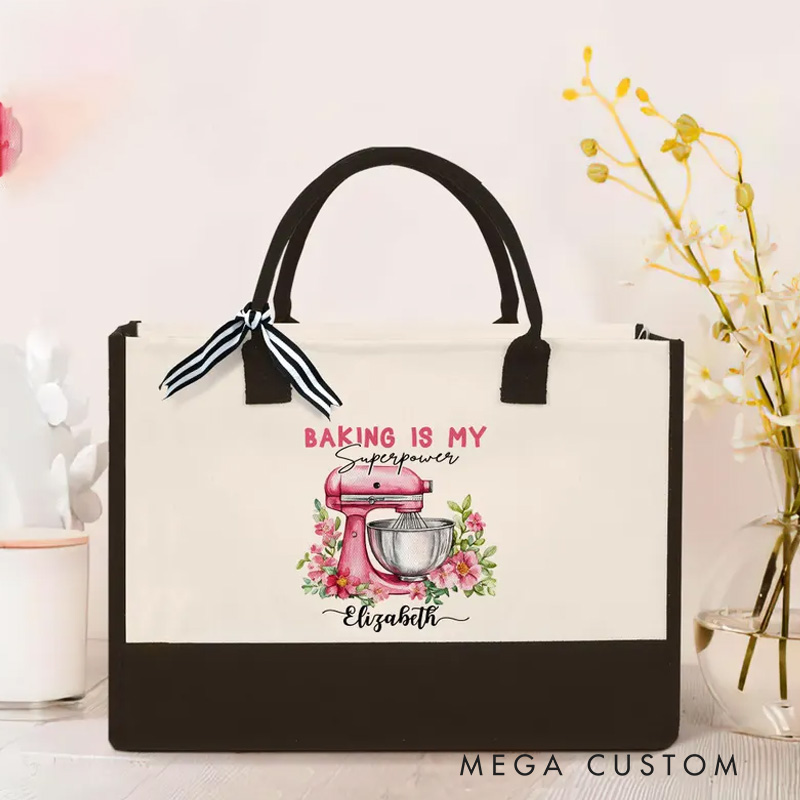 Personalized Baking is My Superpower Tote Bag with Name Baking Floral Mixer Bag Gift for Baker Mom Her Grandma Mom Chef Tote Bag for Baking Lovers