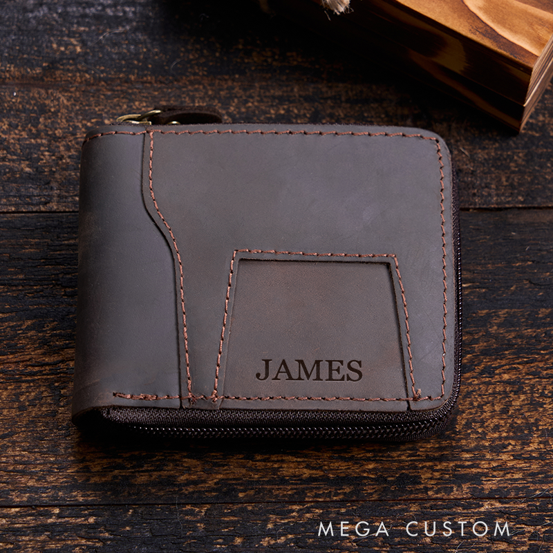 Personalized Crazy Horse Wallet Men's Leather Wallet Engraved Wallet For Him Vintage Wallet Anniversary Gift for Men Birthday Gift For Boyfriend Dad Husband 