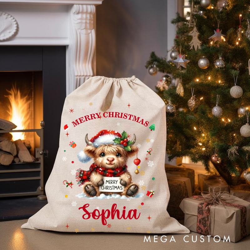 Personalized Cartoon Christmas Hat Highland Cow Christmas Bag with Name Christmas Gift for Family Friends
