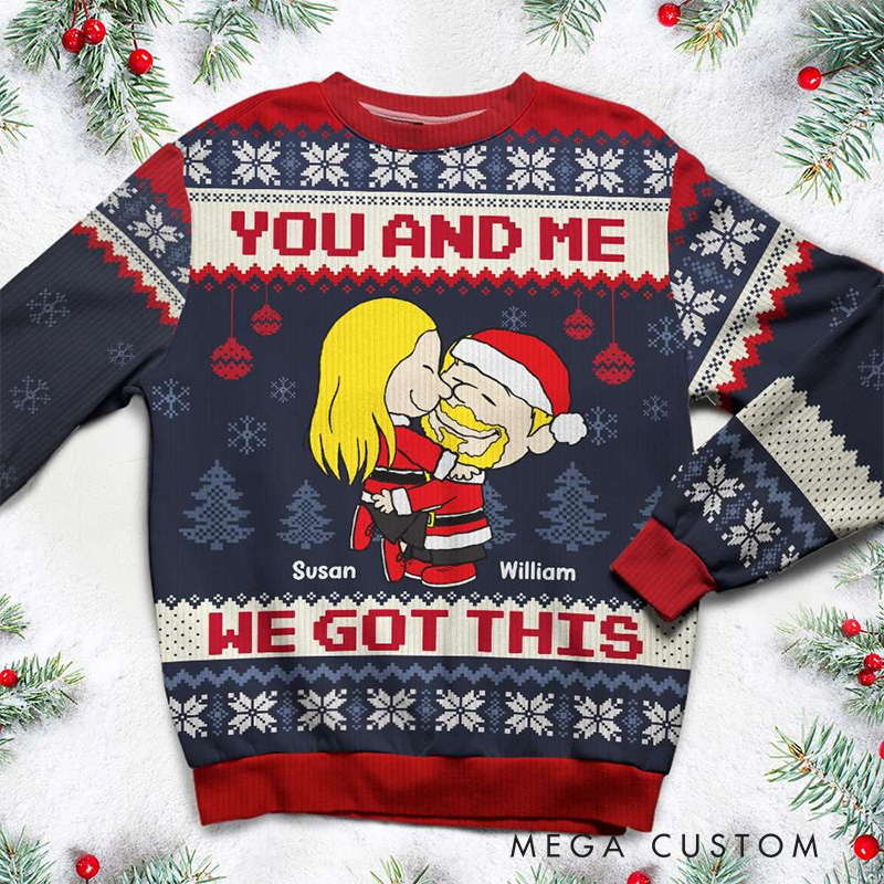 Personalized You And Me Cartoon Hugging Couple Anime Christmas Ugly Sweater Movie Lover Christmas Gift for Boyfriend Girlfriend Wife Husband