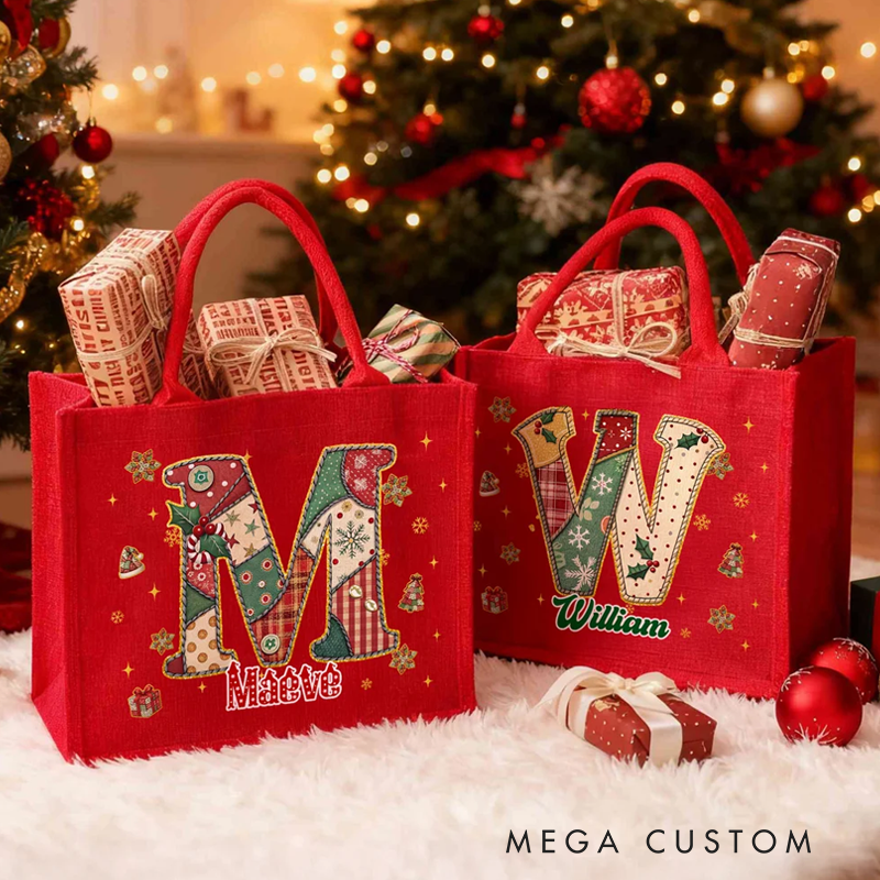Personalized Stitching Style Initial Large Capacity Red Jute Tote Bag with Name Christmas Party Gift for Kids Women