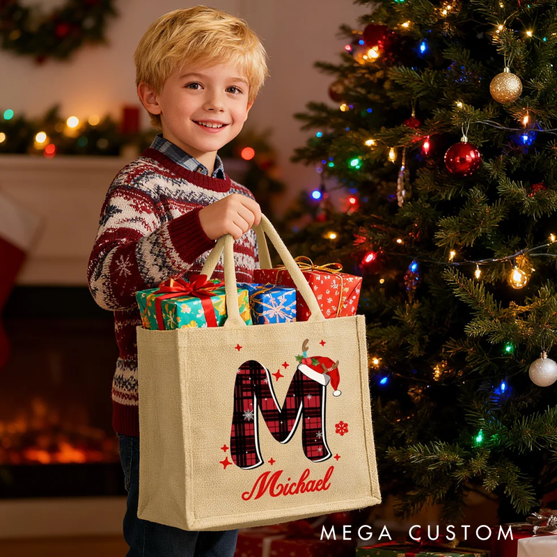 Personalized Santa Hat Red Plaid Initial Jute Tote Bag with Name Christmas Party Gift for Kids Family