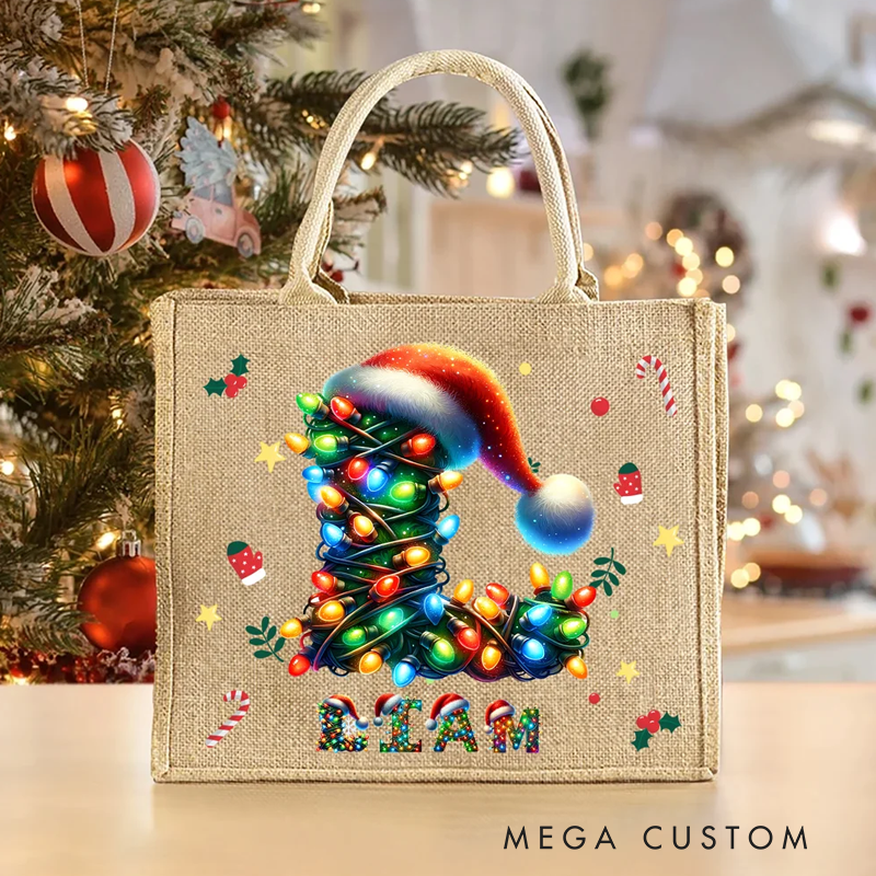 Personalized Christmas Lights Santa Hat Large Capacity Jute Tote Bag with Initial and Name Daily Use Christmas Party Gift for Kids Adults