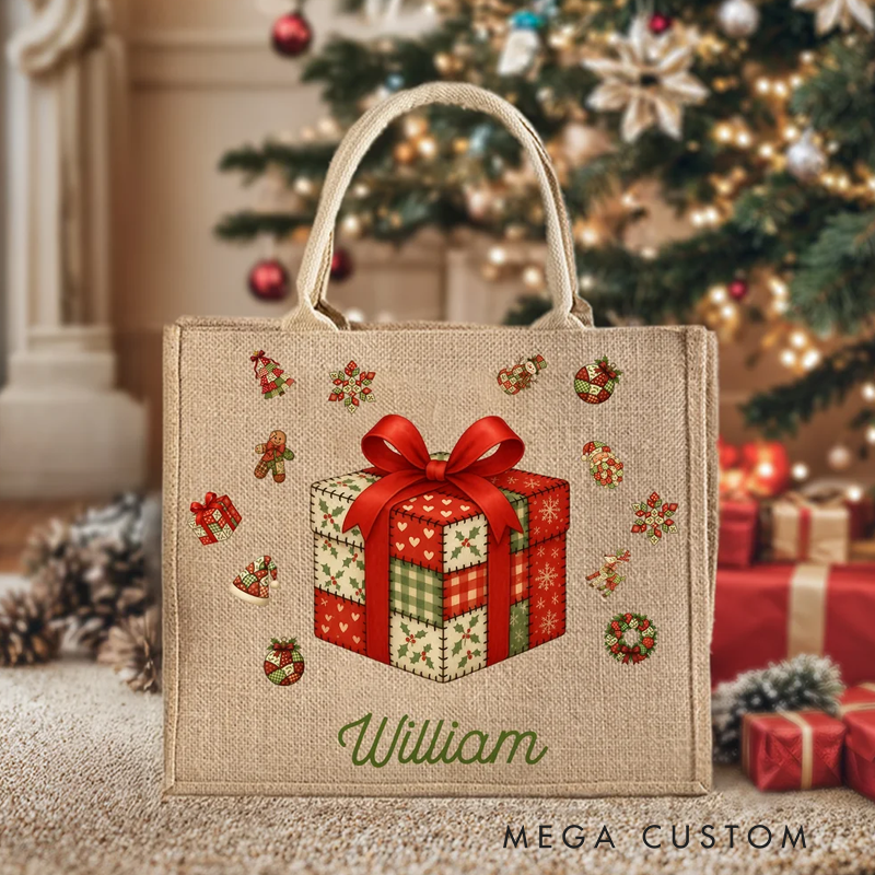Personalized Patchwork Element Christmas Tree Santa Claus Large Jute Tote Bag with Name Christmas Gift for Family Kids