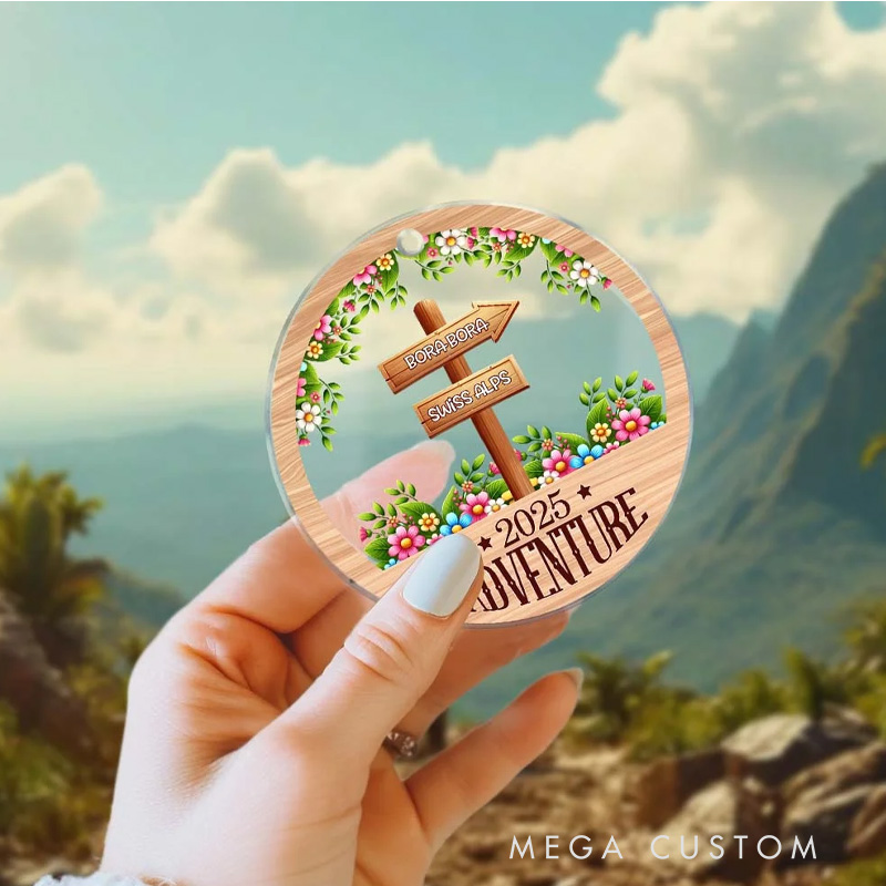 Personalized Adventure Signposts Flower Acrylic Hanging Ornament with Year and Travel Destinations Christmas Birthday Gift for Travel Adventure Lovers
