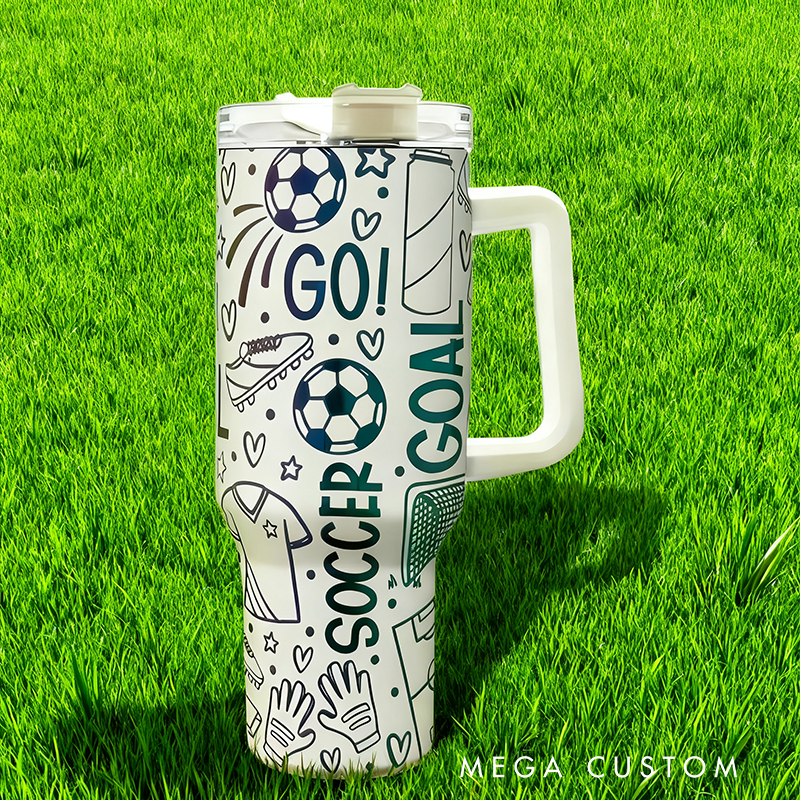 Personalized Soccer Travel Mug with Fun Doodle Design Perfect for Fans on the Go