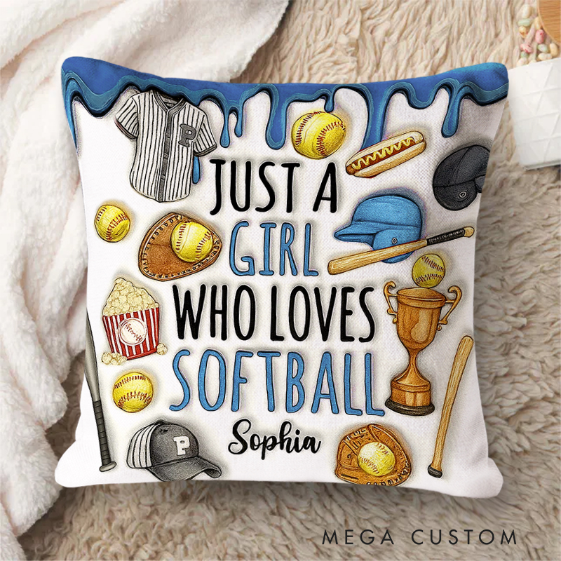 Personalized "Just a Girl Who Loves Softball" Throw Pillow with Sports Icons and Custom Name for Softball Enthusiasts   