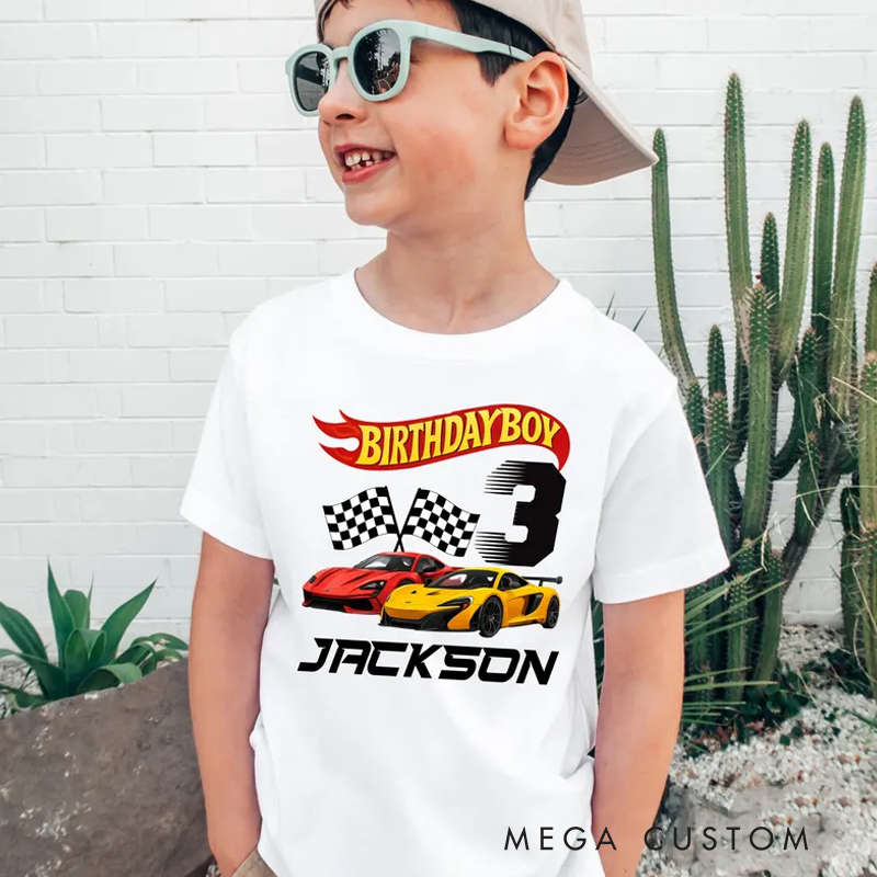 Personalized Race Car Birthday Shirt for Boys Custom Name Age Toddler Tee Gift for Boy Hot Car Kids Outfit Racing Birthday Shirt