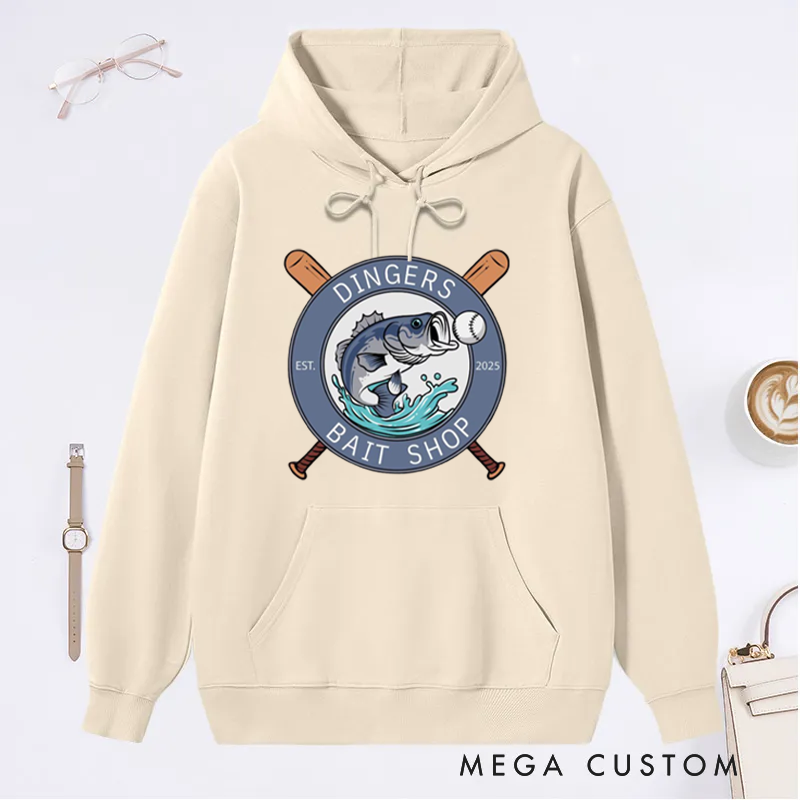 Personalized Dingers Bait Shop Hoodie Funny Fishing Sweatshirt Boys Baseball Gifts Unique Fish and Baseball Design Perfect Gift for Fishing Enthusiasts