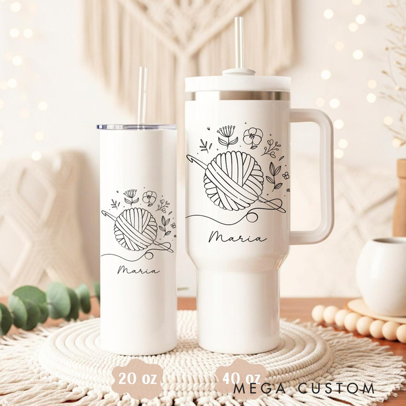 Personalized 40oz & 20oz Tumbler with Handle Crochet Lover Tumbler Yarn Lover Gift