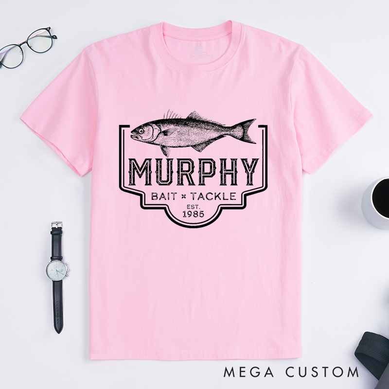 Personalized Murphy Bait and Tackle Fishing T-Shirt Custom Bass Fishing T-Shirt Classic Fish Design Perfect for Fishing Trips Outdoor Adventures and Casual Wear