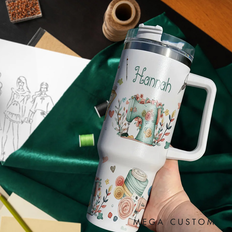 Personalized Sewing Theme 40oz Food Grade Stainless Steel Tumbler with Name Birthday Mother's Day Knitting Gift for Sewing Lover