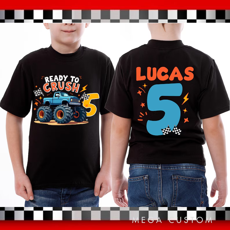 Personalized Birthday Truck Shirt 4th Birthday Boy T-Shirt Kids Race Car Birthday Party Ready To Crush Custom Age Shirt