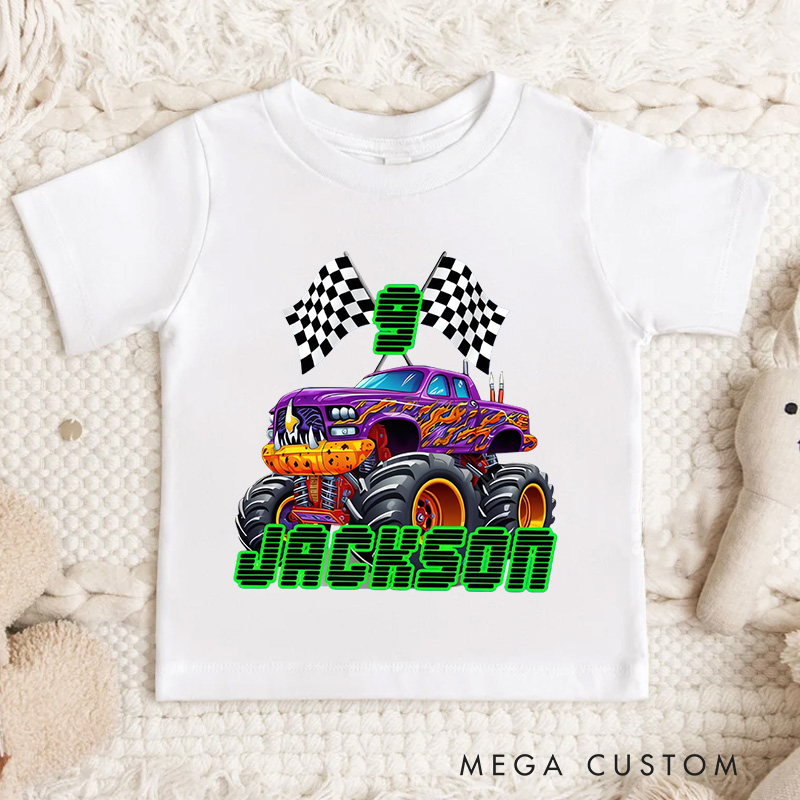 Personalized Big Wheel Off-Road Truck Multicolor Kid's T-shirt Sweatshirt Hoodie with Age and Name Birthday Christmas Gift for Kids