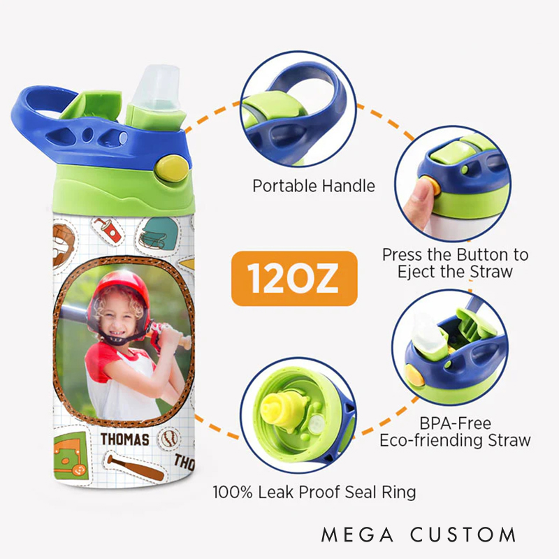 Personalized Sports Lover's Thermos for Kids with Custom Name and Photo Back To School, Christmas Gift for Kids