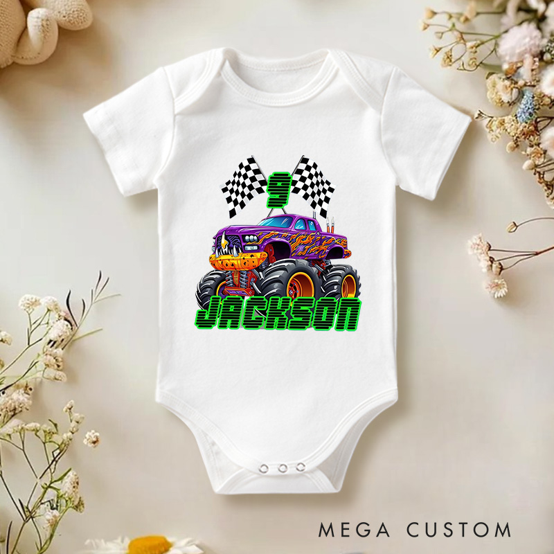 Personalized Big Wheel Off-Road Truck Multicolor Baby Bodysuit with Age and Name Birthday Christmas Gift for Baby