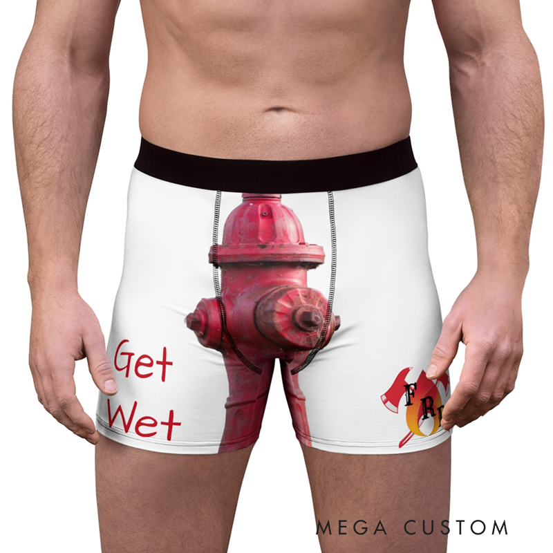Personalized Firefighter Themed Funny Boxers with Fire Hydrant and Get Wet Design Playful Gift for Firefighter