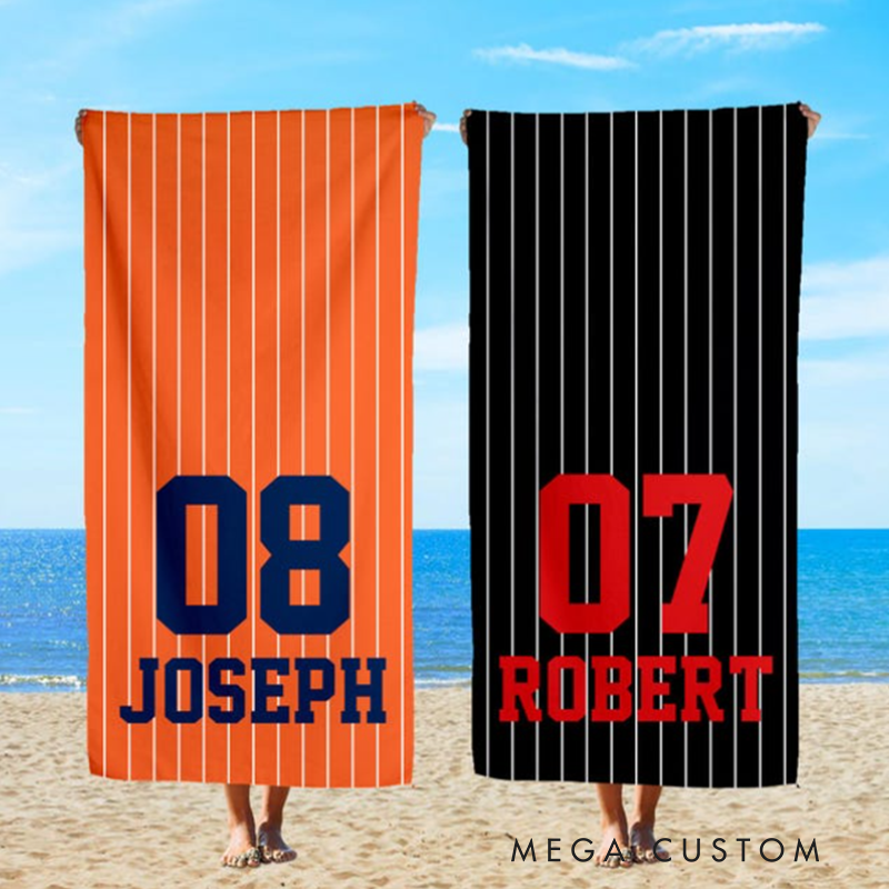 Personalized Baseball Beach Towel with Custom Name Number and Classic Pinstripe Design for Players and Fans