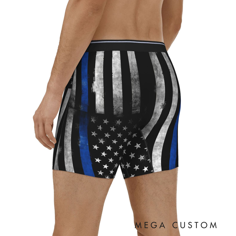 Personalized Police Themed Boxers with Thin Blue Line American Flag Design Custom Name Gift for Police Officers