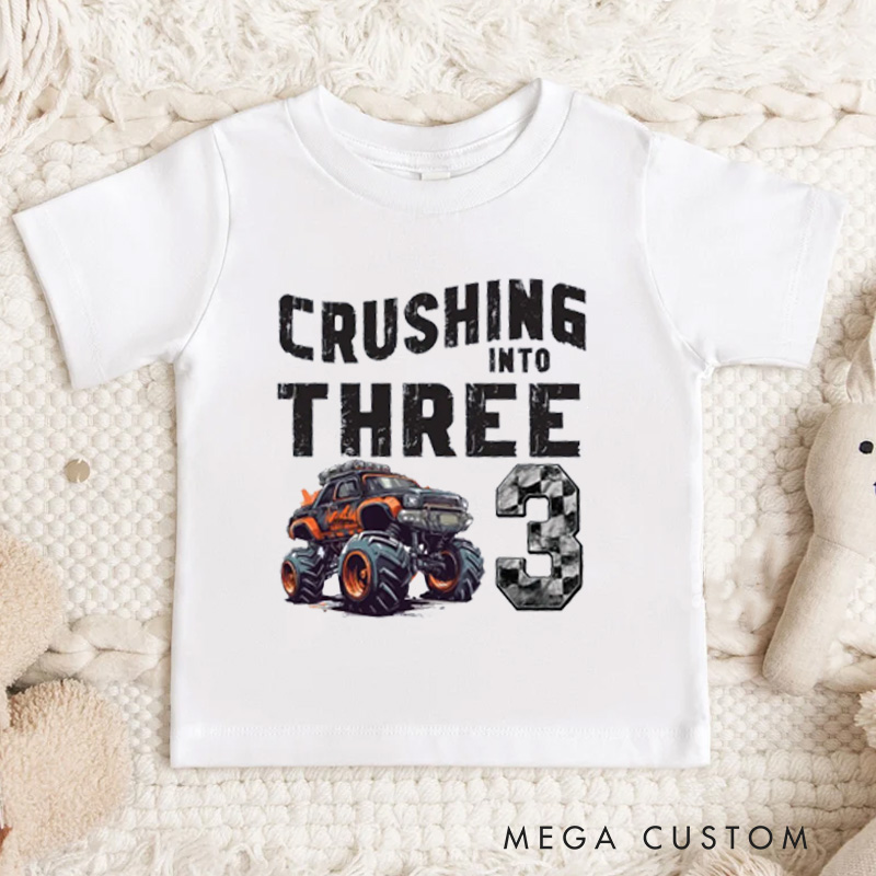 Personalized Crushing Into Three Monster Truck Birthday Kids Shirt Monster Truck Party Birthday Boy Shirt Racing Shirt Truck Yeah Shirt Custom Birthday