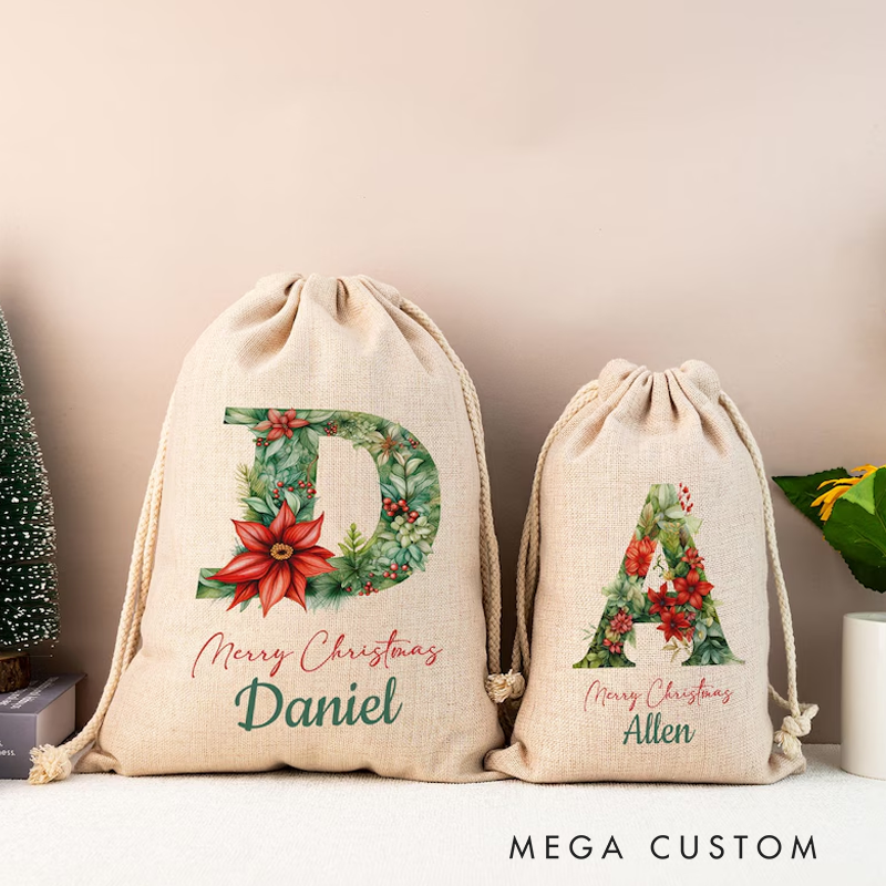 Personalized Christmas Santa Sack Custom Christmas Toy Sack Name and Initial Christmas Reindeer Christmas Gifts