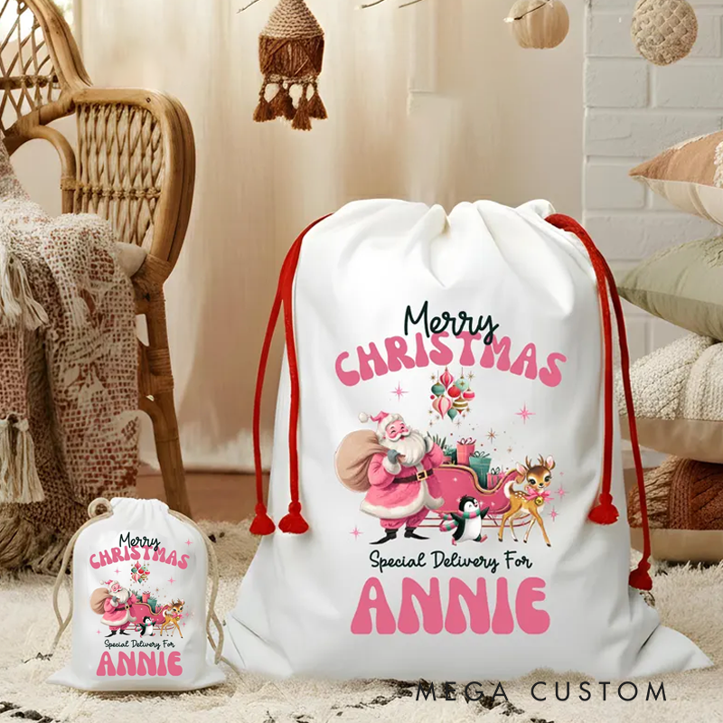 Personalized Retro Santa Bag Merry Christmas Pink Santa Christmas Sack with Name Elf Christmas Gift Sack Adult Christmas Eve Bag Large