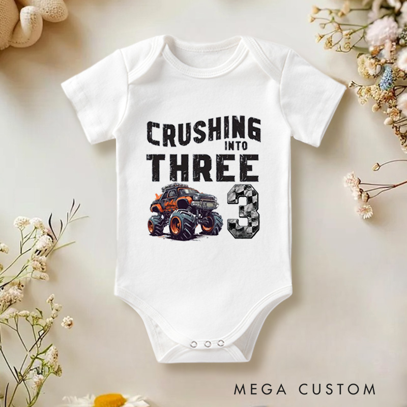 Personalized Crushing into Three Monster Truck Birthday Baby Bodysuit Monster Truck Party Birthday Boy Bodysuit Racing Bodysuit Truck Yeah Shirt 