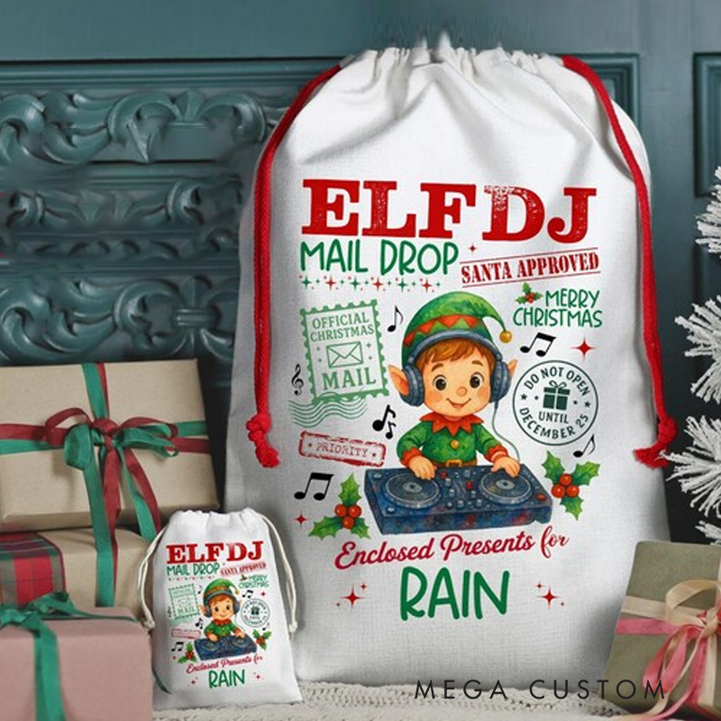 Personalized Elf Santa Bag Custom Christmas Gift Bag for Kids Music Lover Custom Name Gift Bag for Boys Christmas Gift Sack Xmas Presents Sack