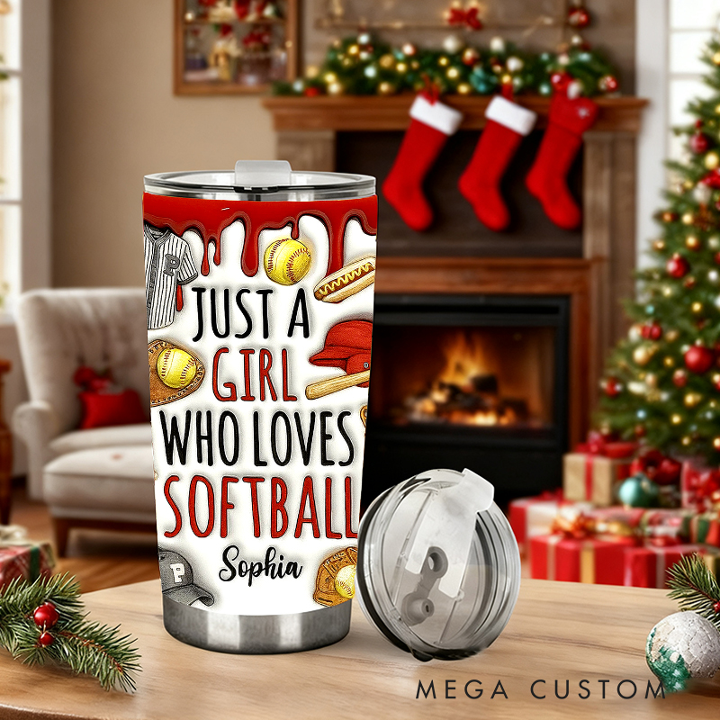 Personalized Softball Tumbler with "Just a Girl Who Loves Softball" Design with Custom Name