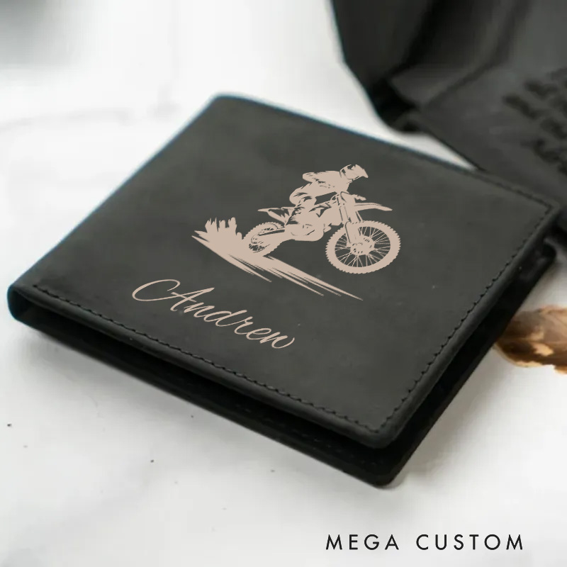 Personalized Cycling Bike Lover Riding Dirt Biker with Custom Name Leather Wallet