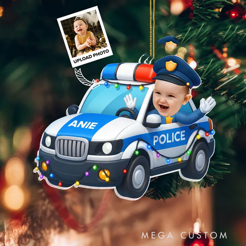 Personalized Kid Face Police Car Cartoon Personalized Acrylic Photo Ornament Christmas Gift for Grandkids Custom Kid Face Car Toys Cop Face Kid