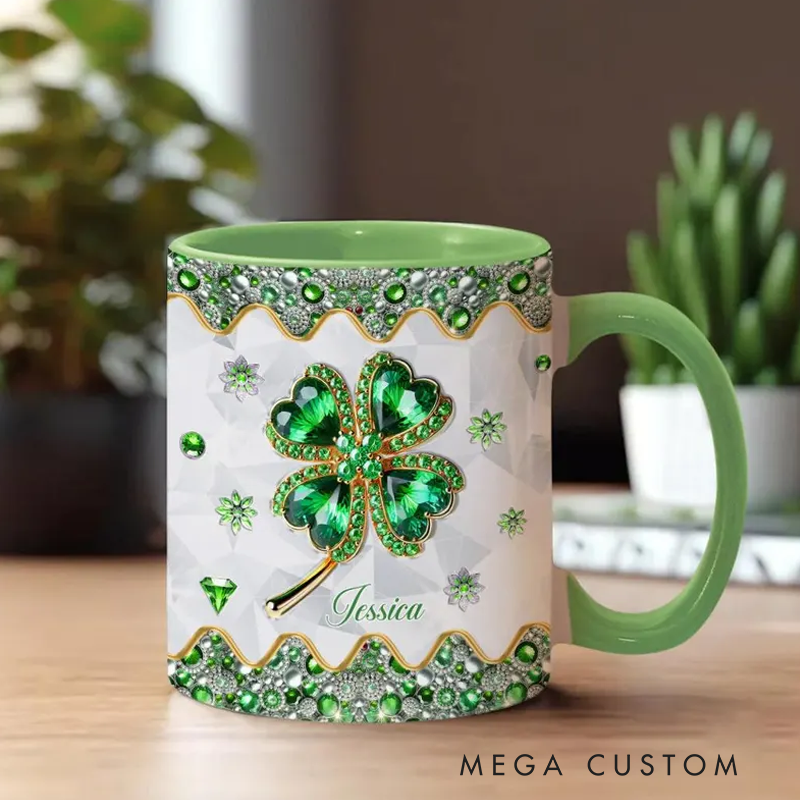 Personalized Lucky Four Leaf Clover Personalized Saint Patrick's Day Accent Mug Shamrock Mug Shamrock Gifts Four Leaf Clover Coffee Cup Custom Gifts