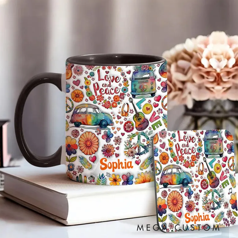 Personalized Hippie Accent Mug Love and Peace Accent Mug Flower Van Guitar Peace Sign Coffee Mug Ceramic Mug Custom Mug