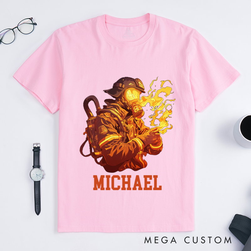 Personalized Firefighter T-Shirts Custom Firefighter Flames Graphic Design T-Shirt Firefighter Dad Gift